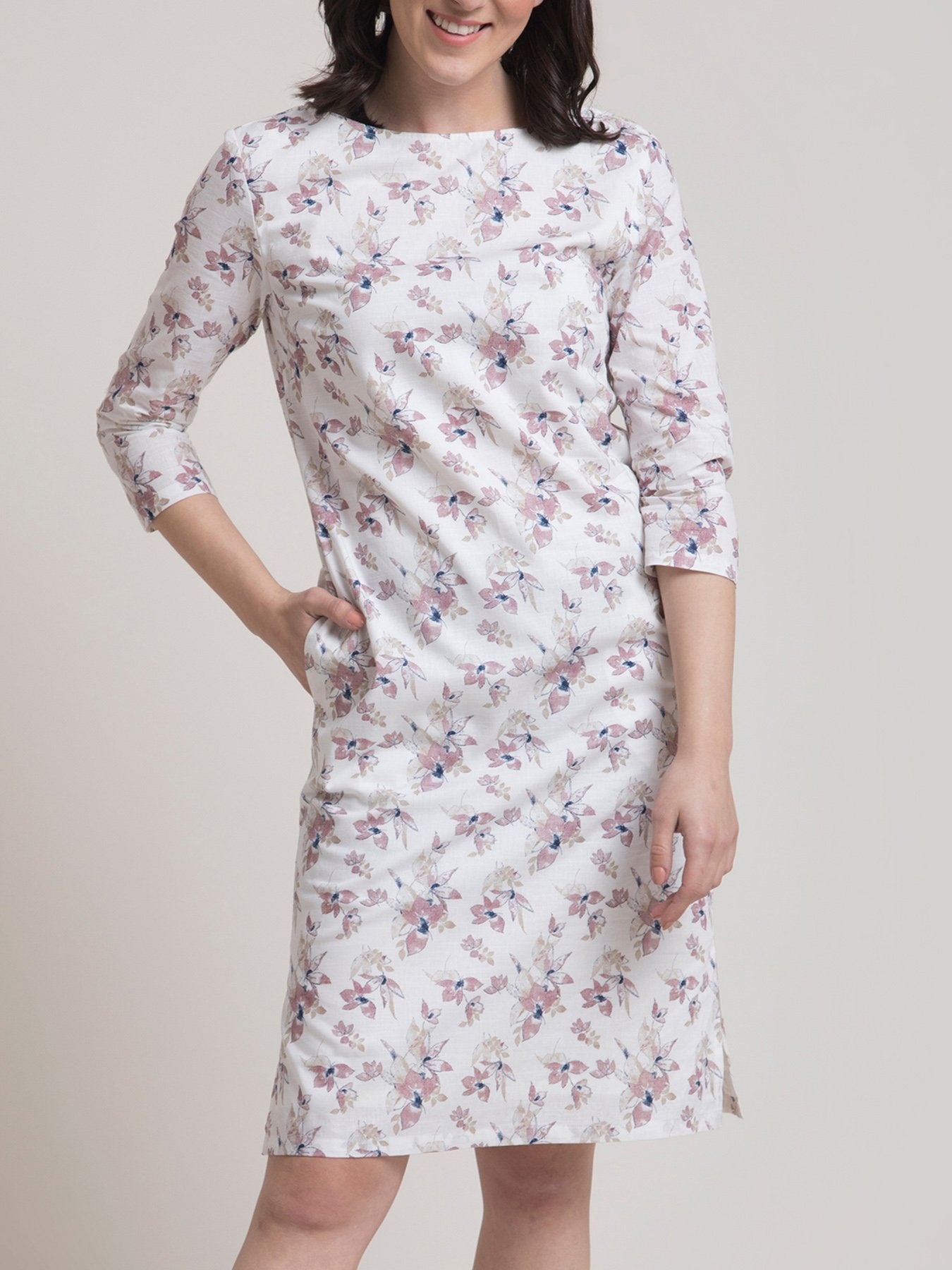 Linen Boat Neck Floral Dress - Pink and White