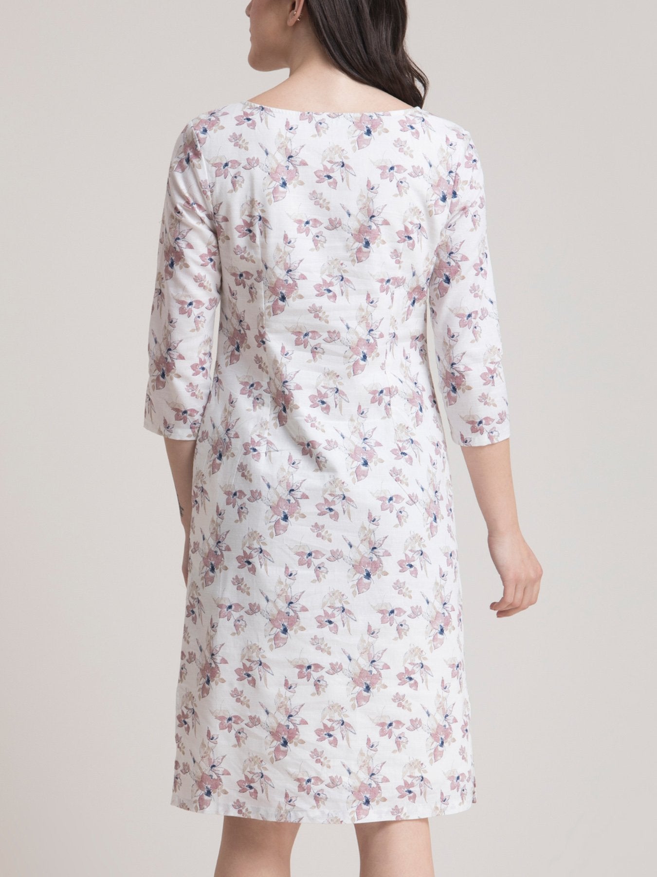 Linen Boat Neck Floral Dress - Pink and White