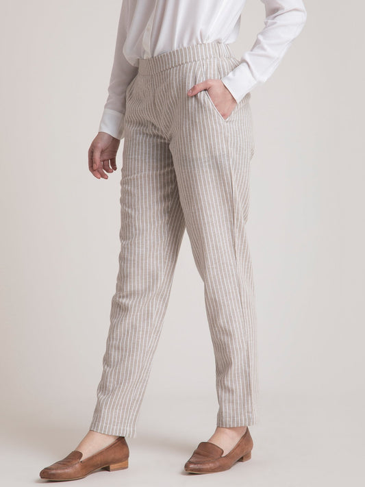 Linen Elasticated Straight Fit Pants - Beige