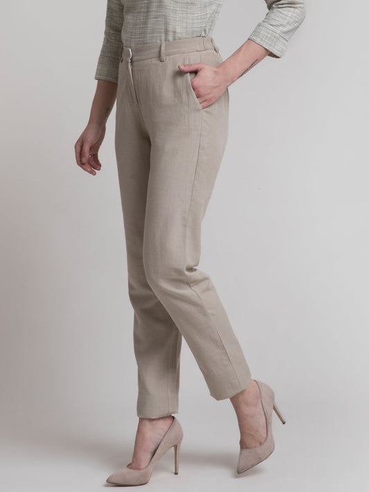 Linen Elasticated Straight Fit Pants - Beige