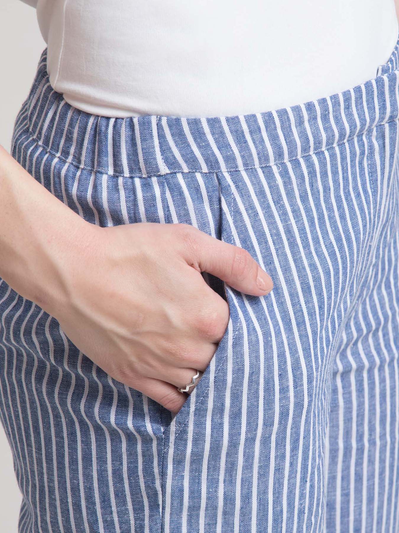 Linen Elasticated Straight Fit Pants - Blue and White
