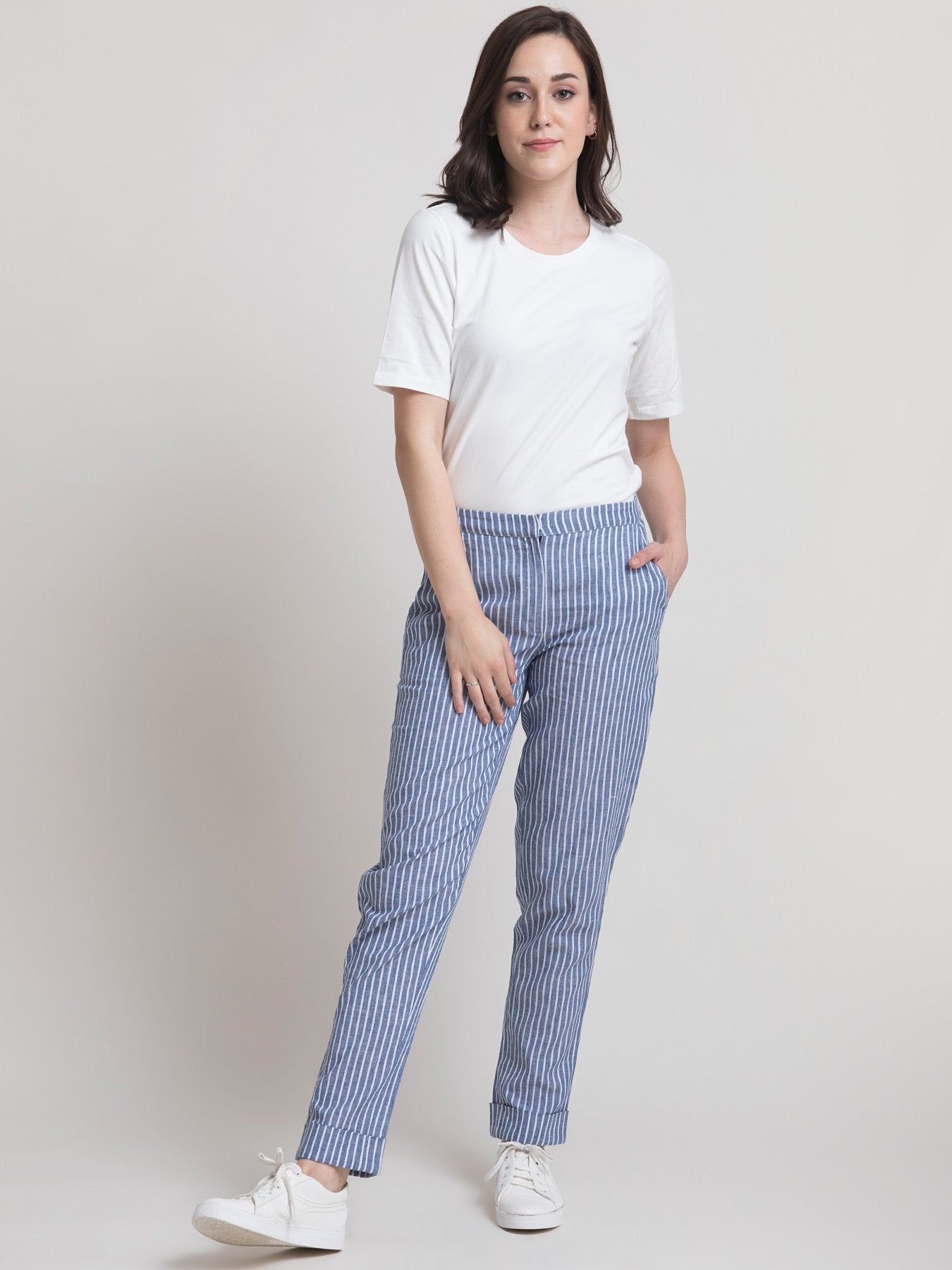 Linen Elasticated Straight Fit Pants - Blue and White