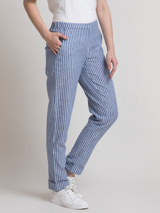 Linen Elasticated Straight Fit Pants - Blue and White