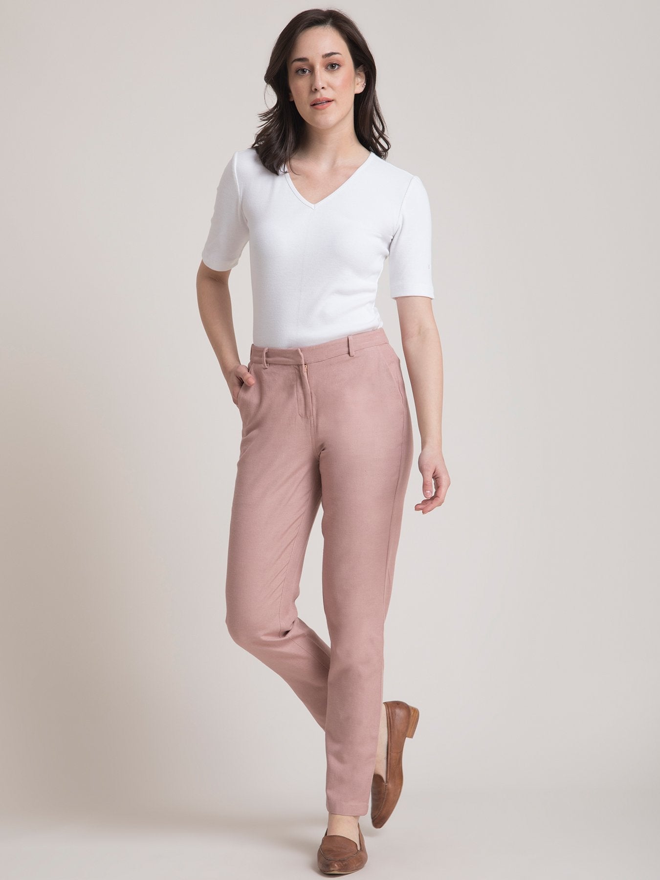 Linen Elasticated Straight Fit Pants - Dusty Pink