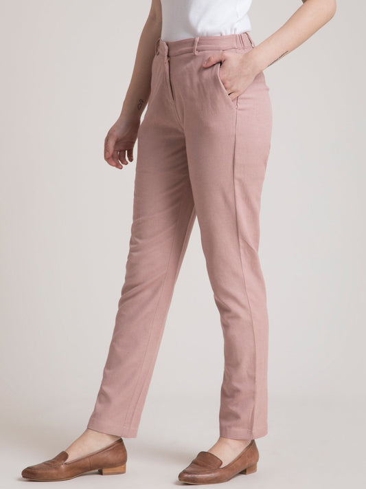 Linen Elasticated Straight Fit Pants - Dusty Pink