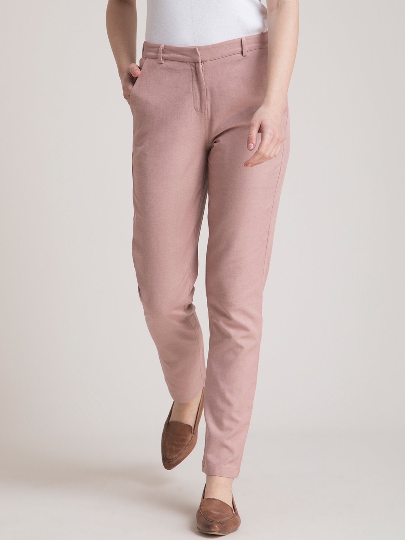 Linen Elasticated Straight Fit Pants - Dusty Pink