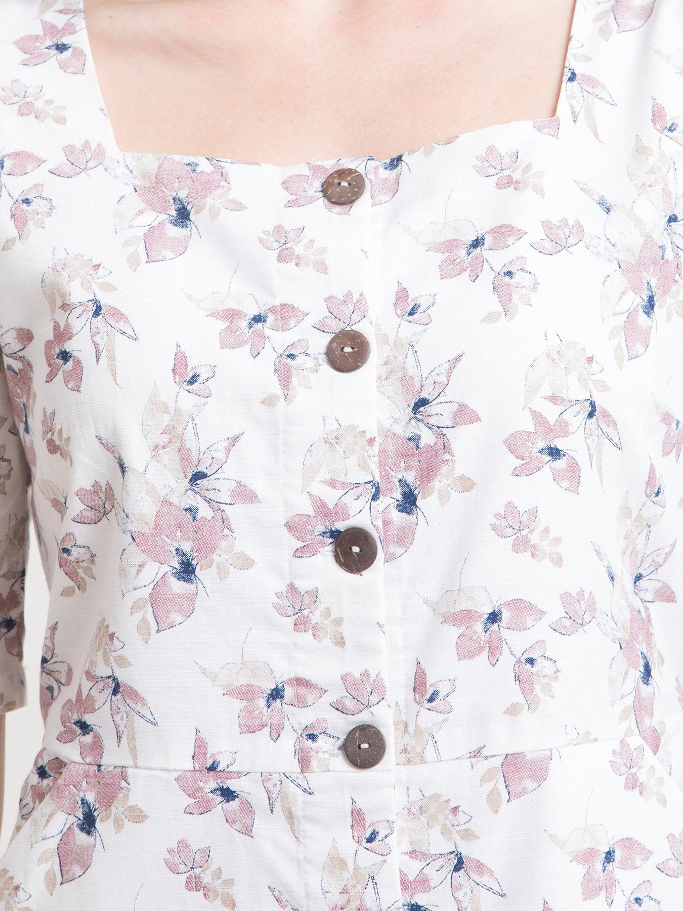 Linen Floral Fit and Flare Dress - Pink and White