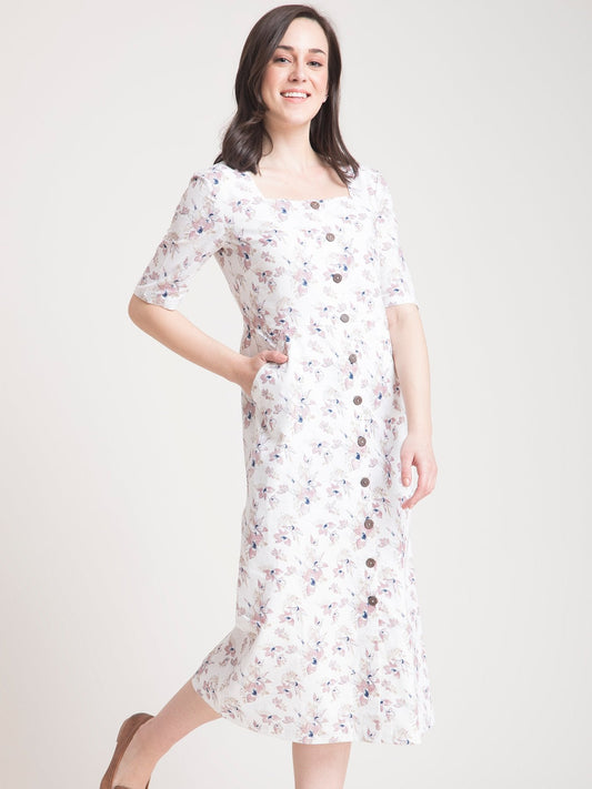 Linen Floral Fit and Flare Dress - Pink and White