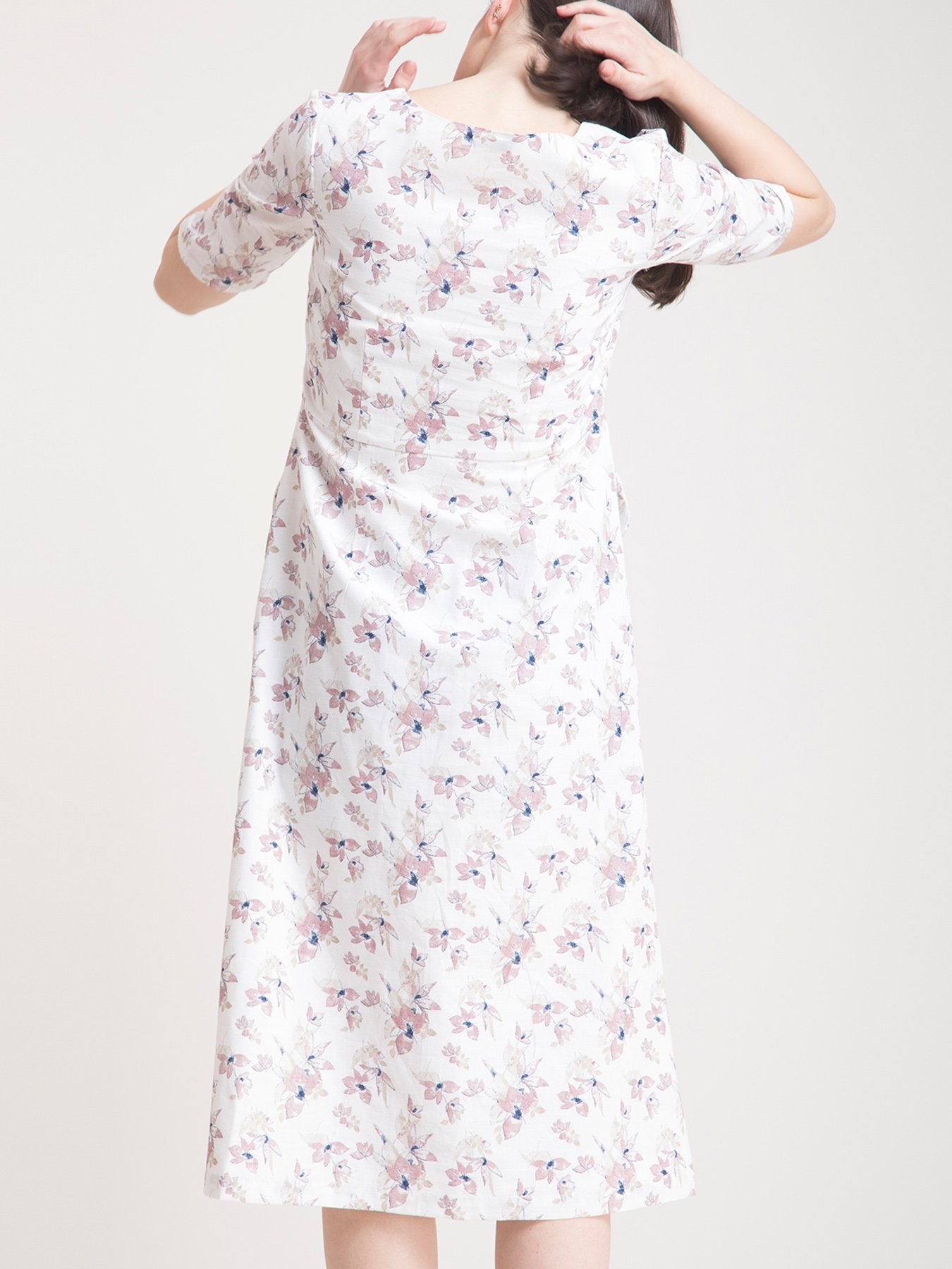 Linen Floral Fit and Flare Dress - Pink and White