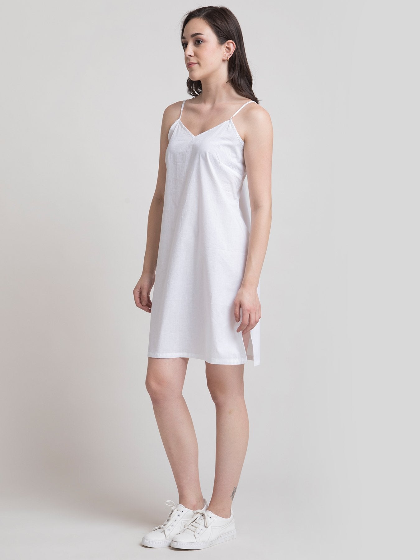 Linen Mandarin Collar Floral A Line Dress - Blue and White