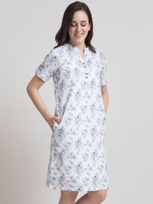 Linen Mandarin Collar Floral A Line Dress - Blue and White