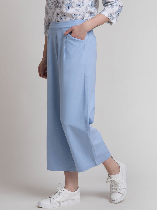 Linen Pleated Elasticated Culottes - Light Blue