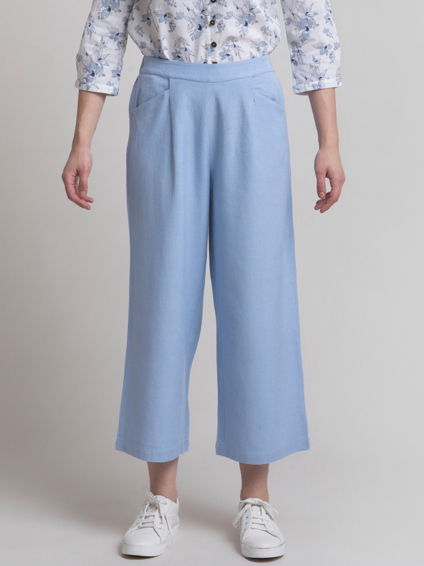 Linen Pleated Elasticated Culottes - Light Blue