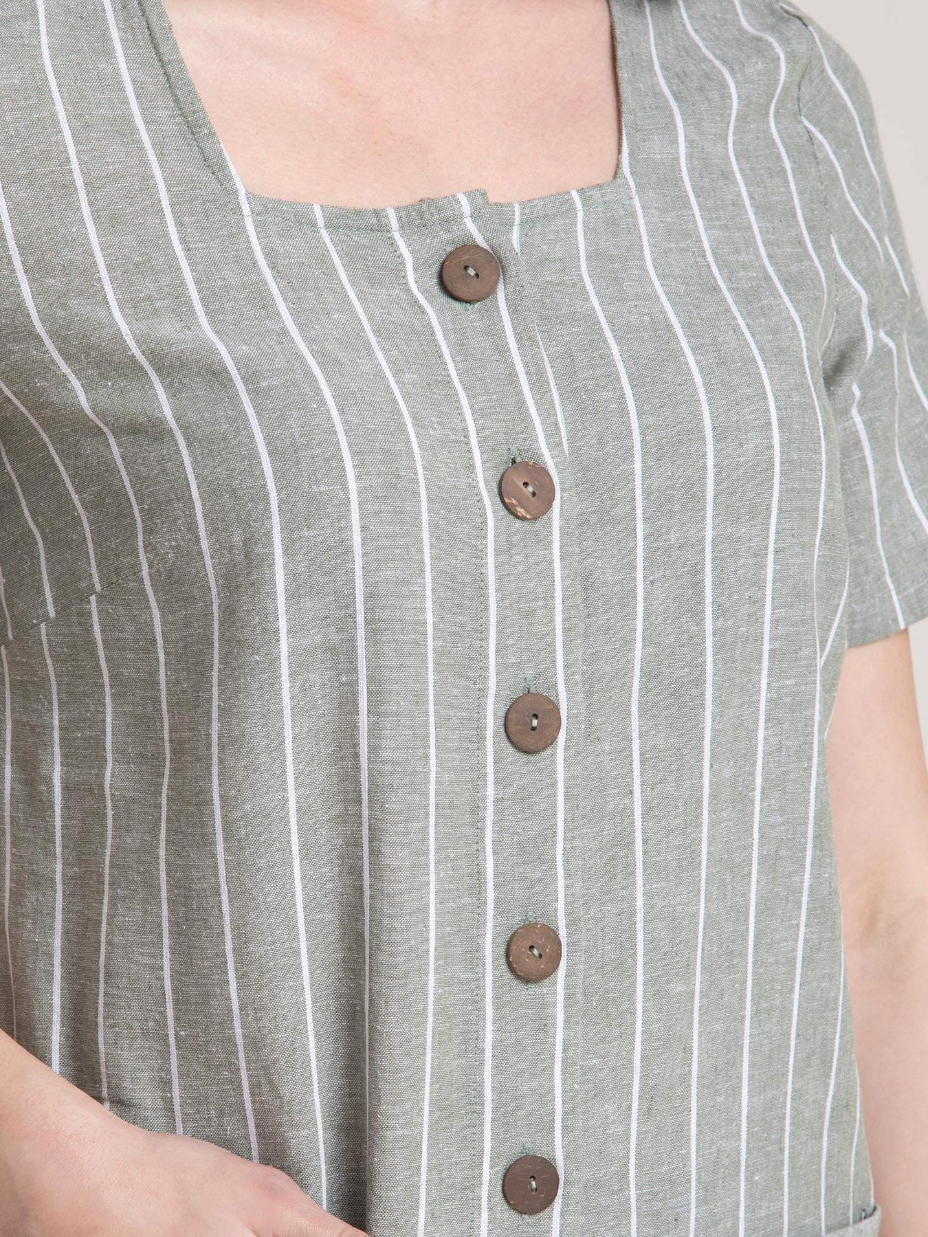 Linen Square Neck Striped Shirt Dress - Green and White