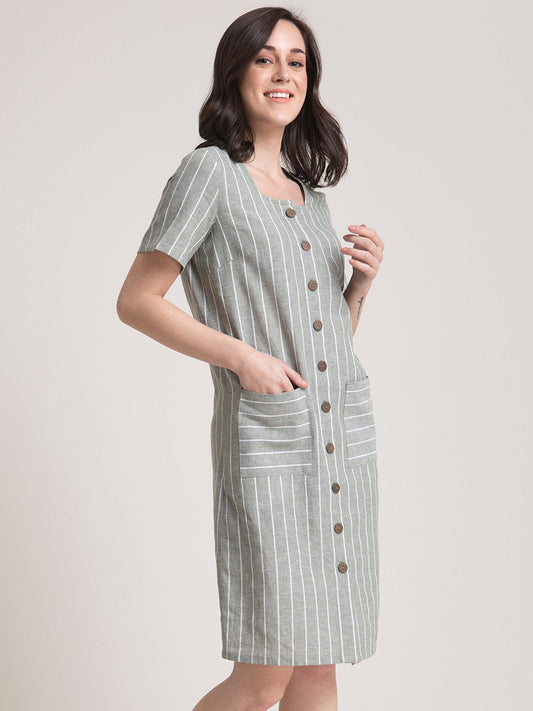 Linen Square Neck Striped Shirt Dress - Green and White