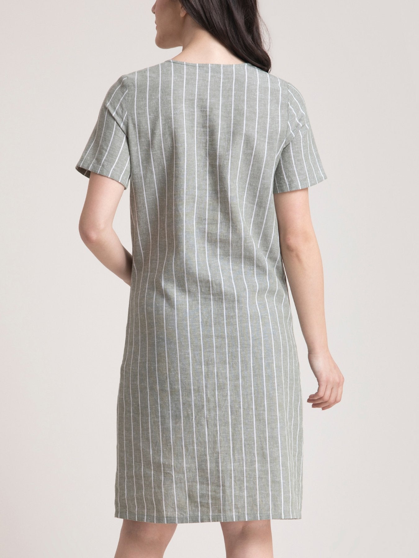 Linen Square Neck Striped Shirt Dress - Green and White