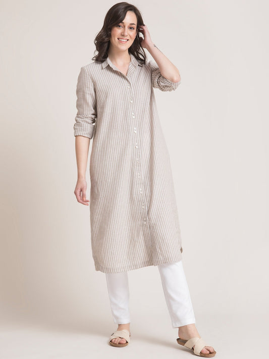 Linen Striped Shirt Dress - Beige and White