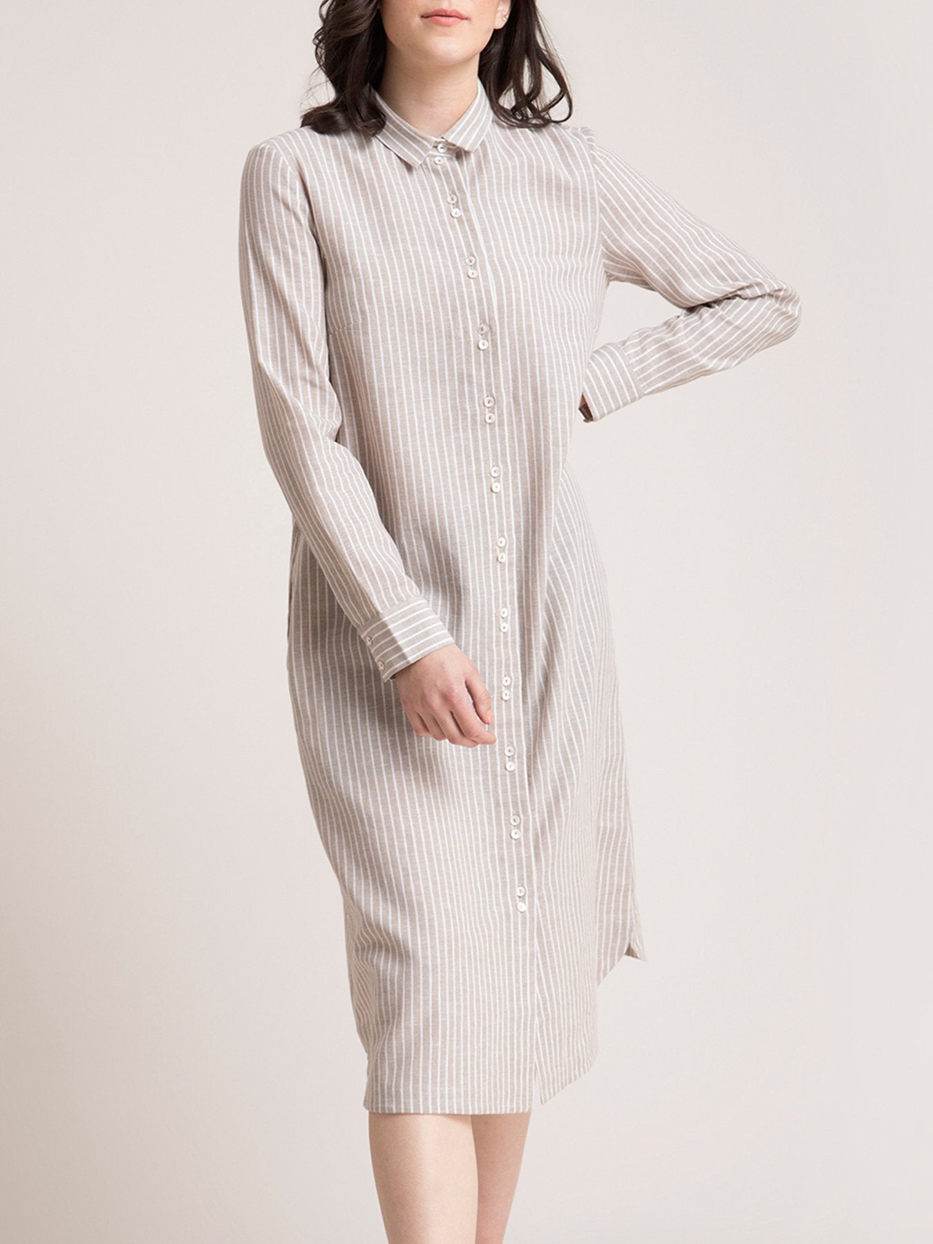 Linen Striped Shirt Dress - Beige and White