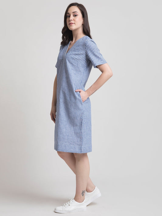 Linen Striped V Neck Shift Dress - Blue and White
