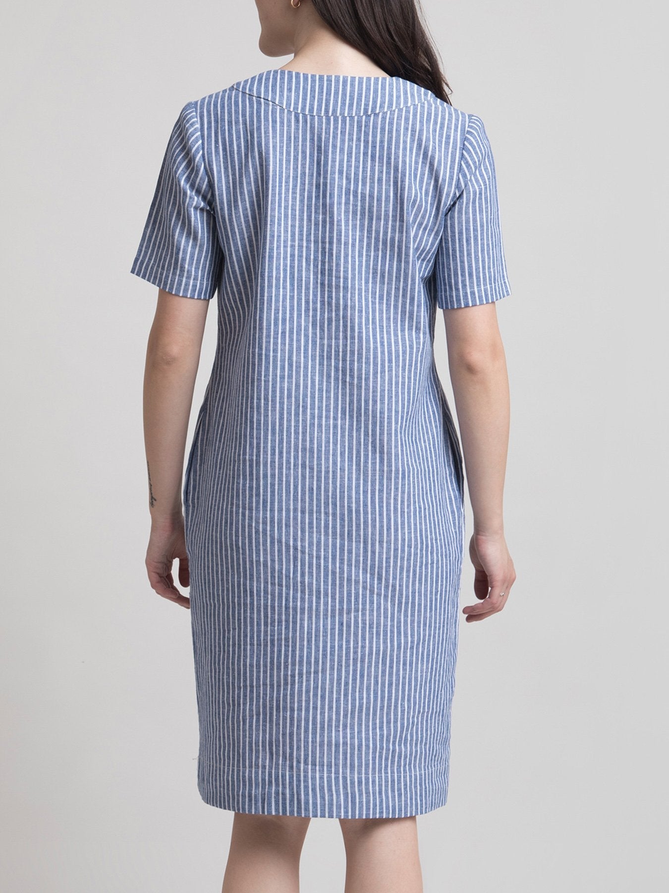 Linen Striped V Neck Shift Dress - Blue and White