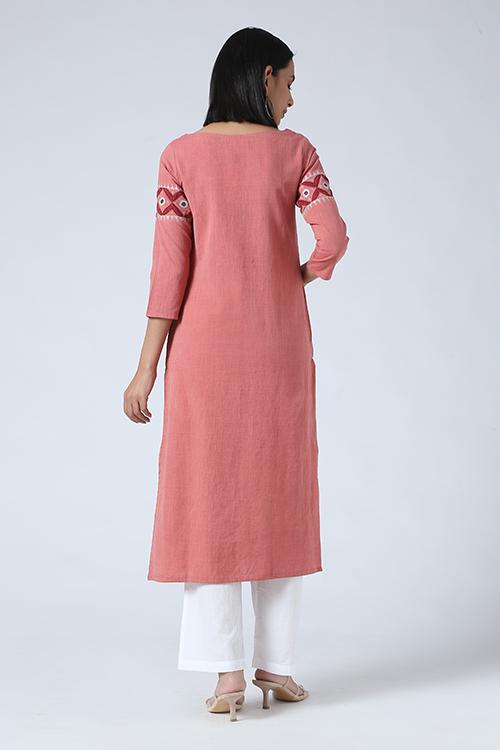 Peach' Hand Embroidered Mirror Work Kurta