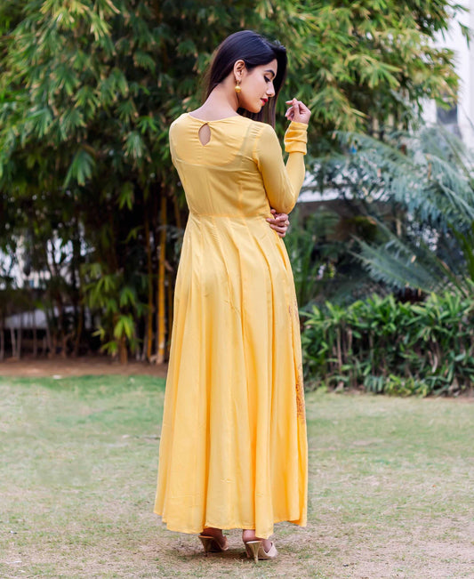 Yellow and Golden Rayon Long Anarkali Dress