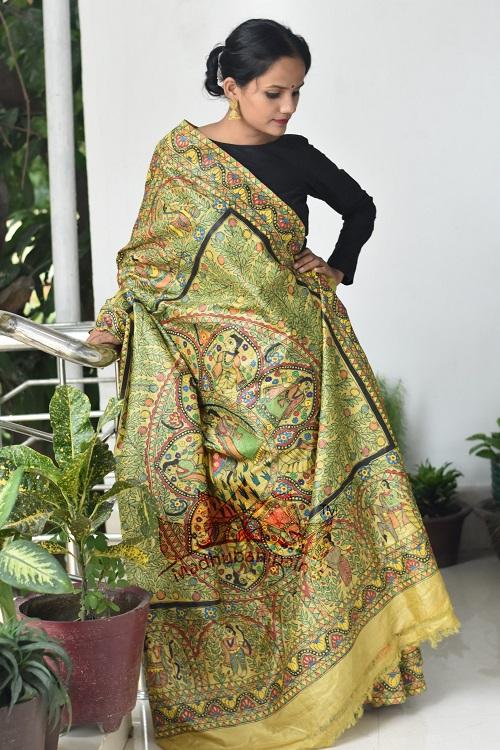 Yellow Full Madhubani Painting Saree