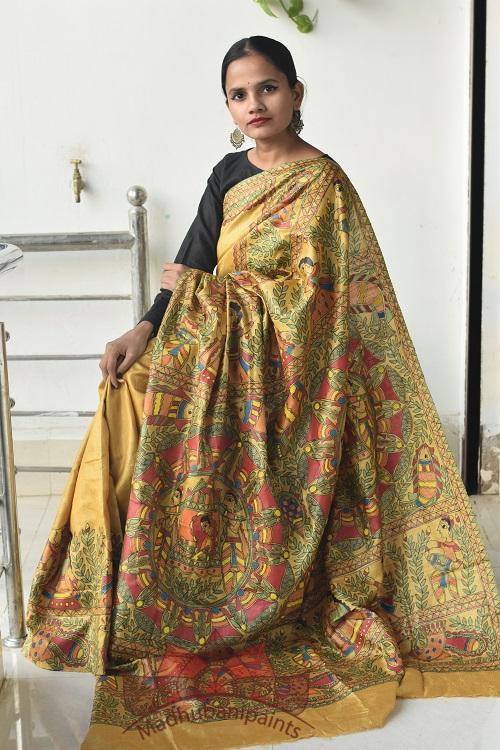 Gauna Mustard Madhubani Handpainted Saree