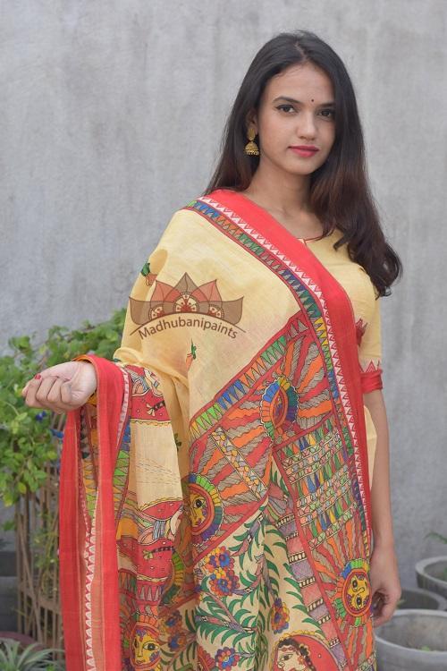 Chhat Puja Handapinted Madhubani Cotton Saree
