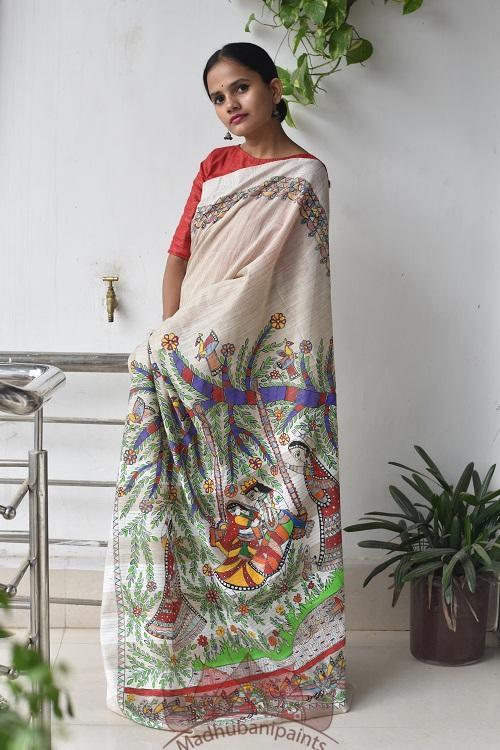 Jhule Nandgopal Handpainted Madhubani Saree