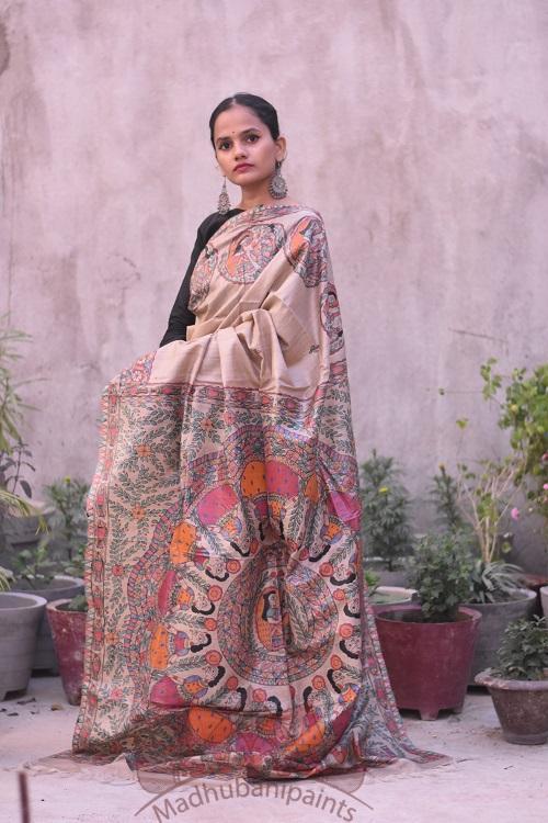 Gopi Katha Madhubani Handpainted Tussar Silk Saree