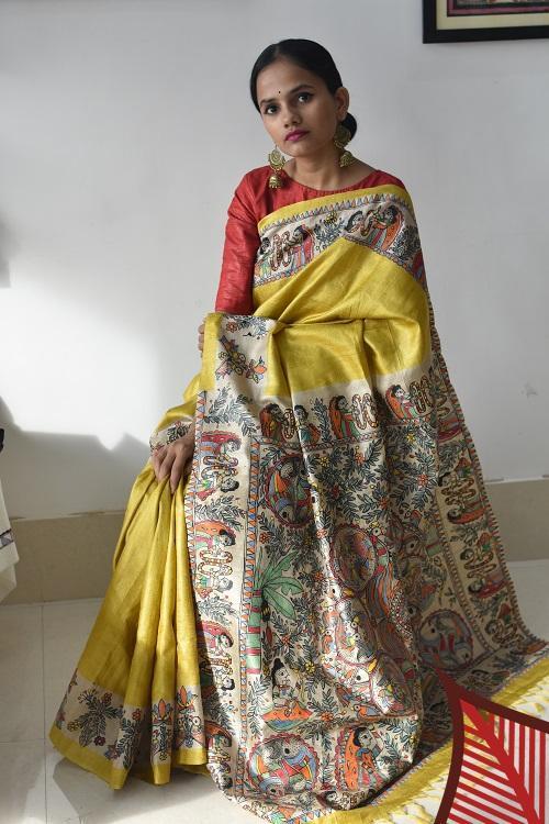 Kohbar Mustard Mithila Handpainted saree