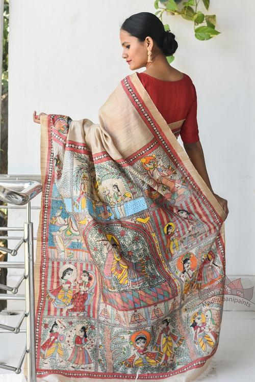 Vishnu Avatar Tussar Madhubani Painting Saree
