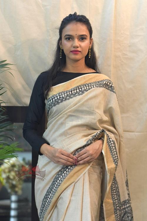 Madhubani Paints Black-Minimal Madhubani Handpainted Saree