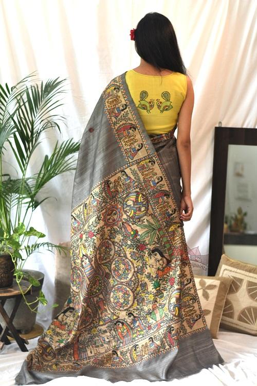 Madhubani Paints Ram Sita Varnmala Kohbar Madhubani Handpainted Saree