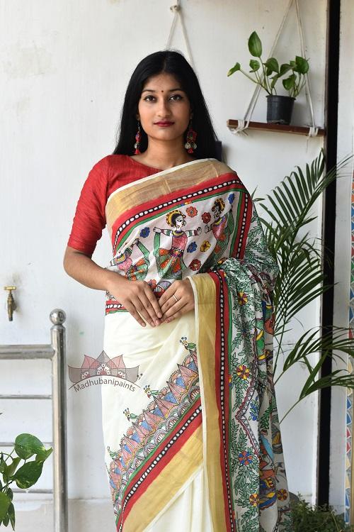 Madhubani Paints Krishna Leela Madhubani Handpainted Saree
