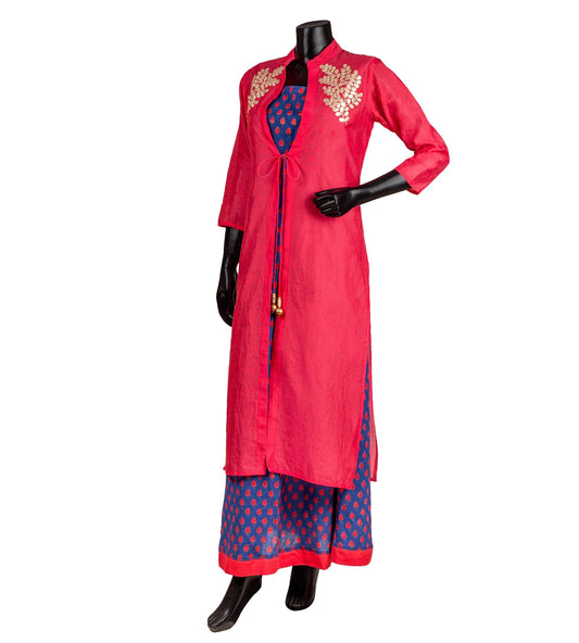 Red and Blue Hand Block Printed Jacket Layered Dress
