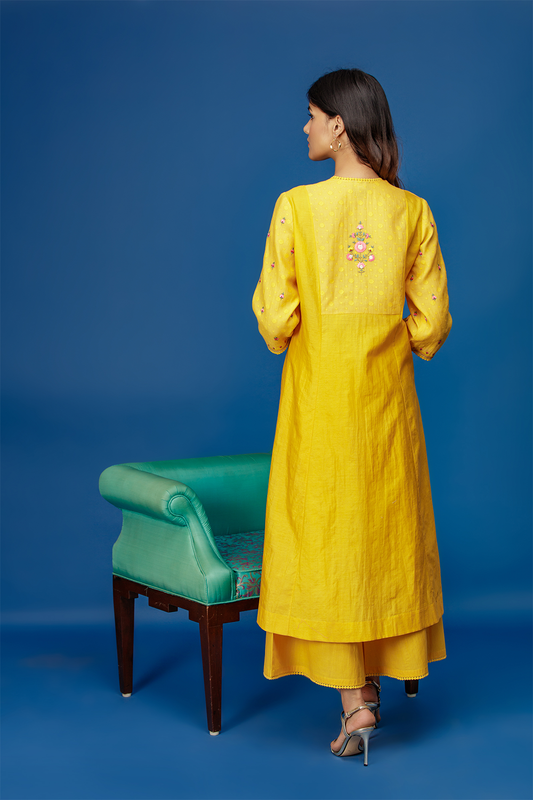 Embroidered Double Layered Kurta With Flared Palazzo. Yellow