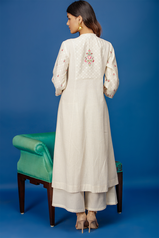 Embroidered Double Layered Kurta With Flared Palazzo. Ivory
