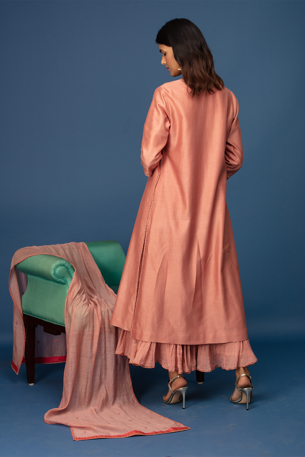 Floral Jaal Kurta With Crinkle Sharara & Dupatta. Old Rose Pink.