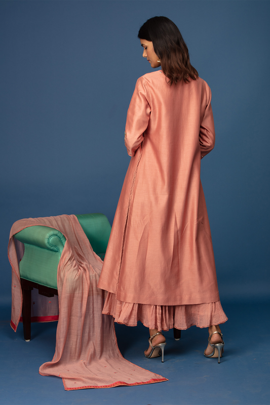 Floral Jaal Kurta With Crinkle Sharara & Dupatta. Old Rose Pink.