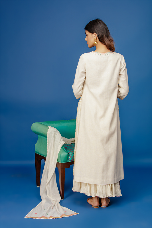 Floral Jaal Kurta With Crinkle Sharara & Dupatta. Ivory