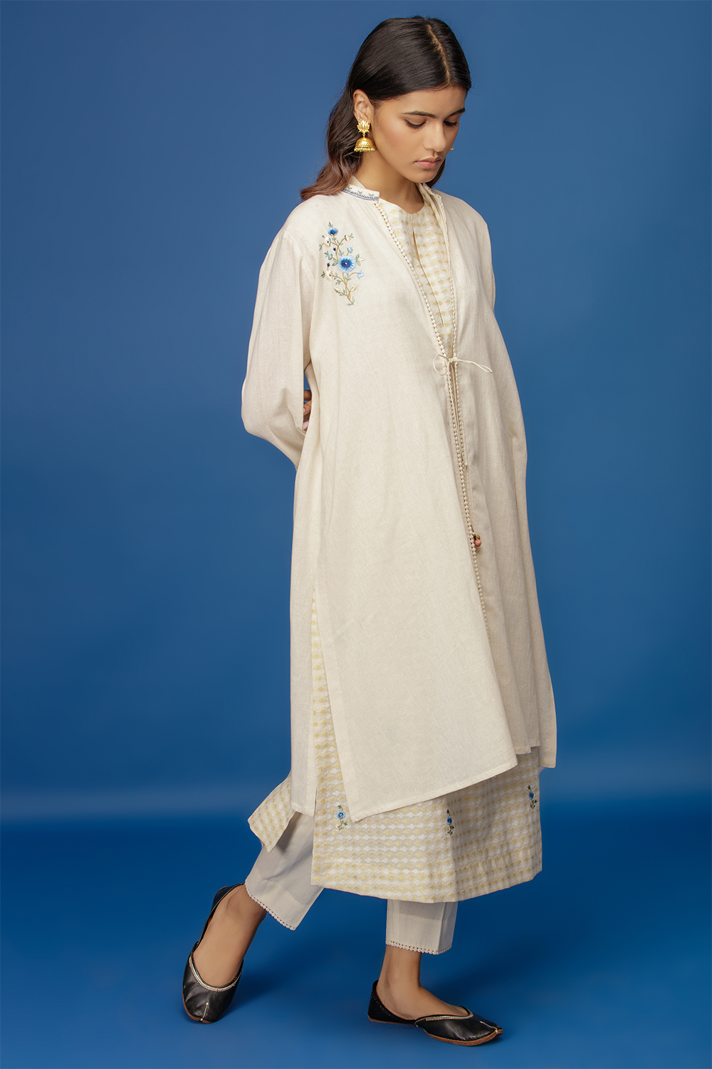 Embroidered Kurta With Cape & Straight Pants. Ivory