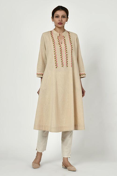 Noorbagh' beige kurta with mandarin collar
