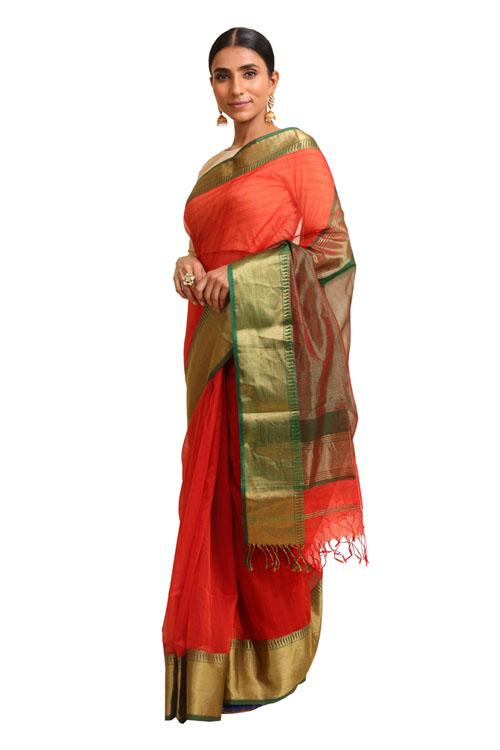 Lal10 Silk Cotton Maheshwari Handwoven Saree