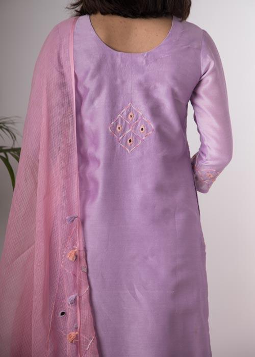 Orchid 'Hand Embroidered lilac chanderi kurta . 2pc set (kurta and dupatta)