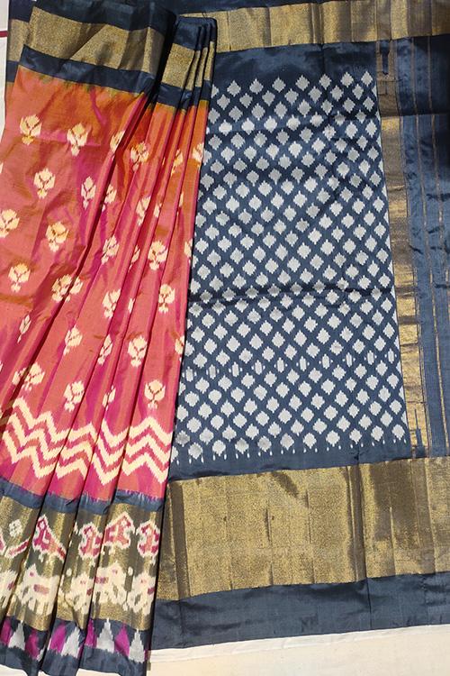 Handloom Pochampally Ikkat Pure Silk Orange and Slate Grey Saree