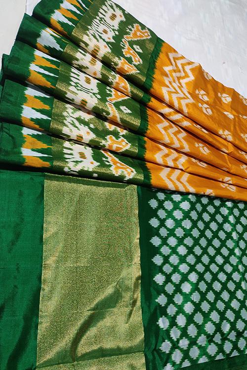 Handloom Pochampally Ikkat Pure Silk Mustard Yellow and dark green Saree