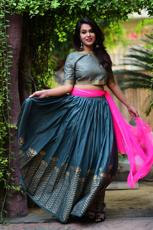 Turquoise Blue Floral Lehenga Set with Dupatta (Set of 3)