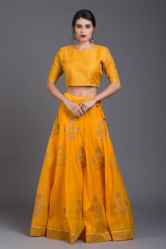 Marigold Daisy Printed Lehenga Set with Dupatta (Set of 3)